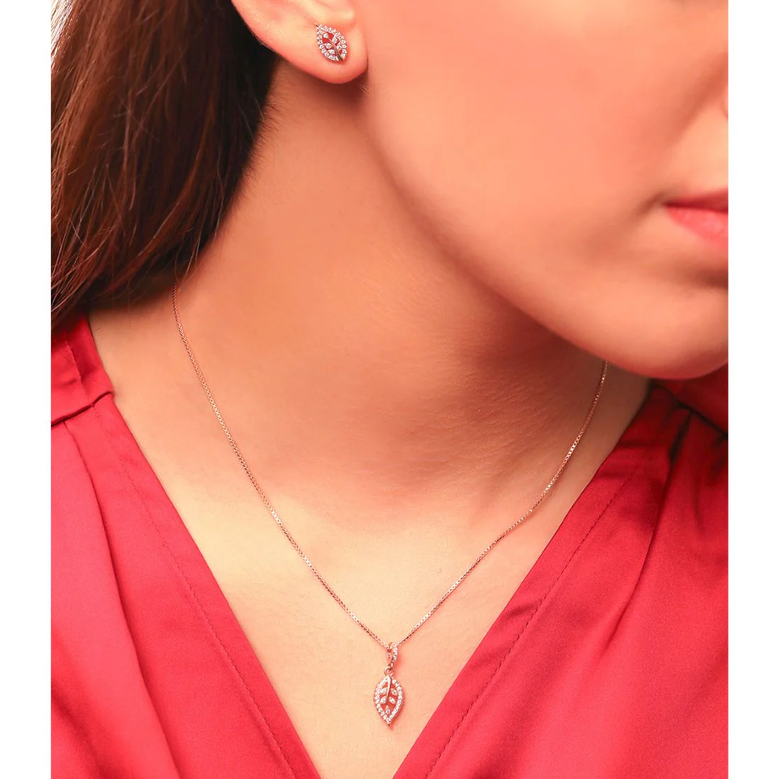 Simplicity Leaf Rose Gold Plated 925 Sterling Silver Jewellery Set - Image 3