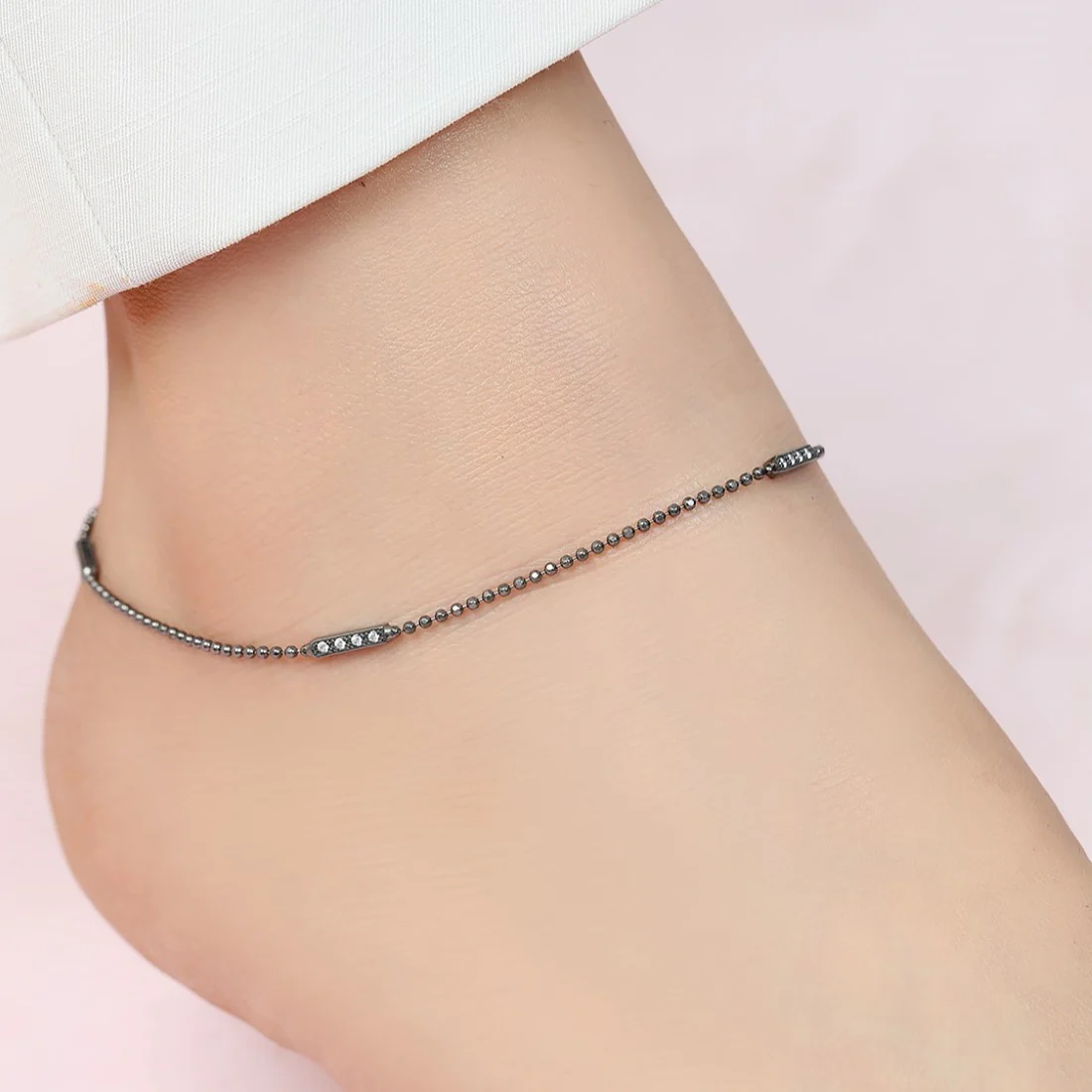 Sleek Black Rhodium Plated 925 Sterling Silver Adjustable Ball Chain Anklet - Image 2