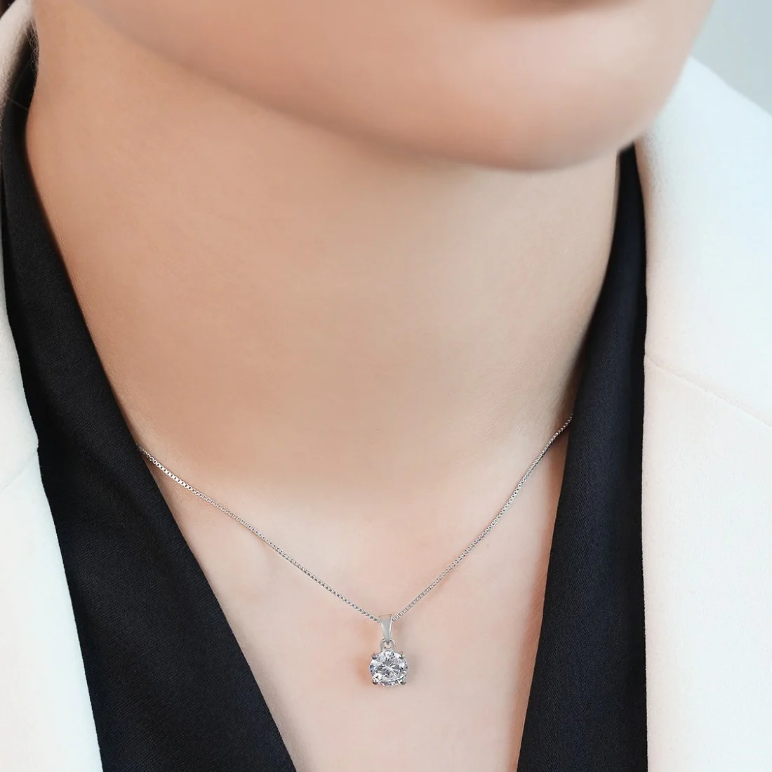 Solitaire Rhodium Plated 925 Sterling Silver Pendant with Chain - Image 3