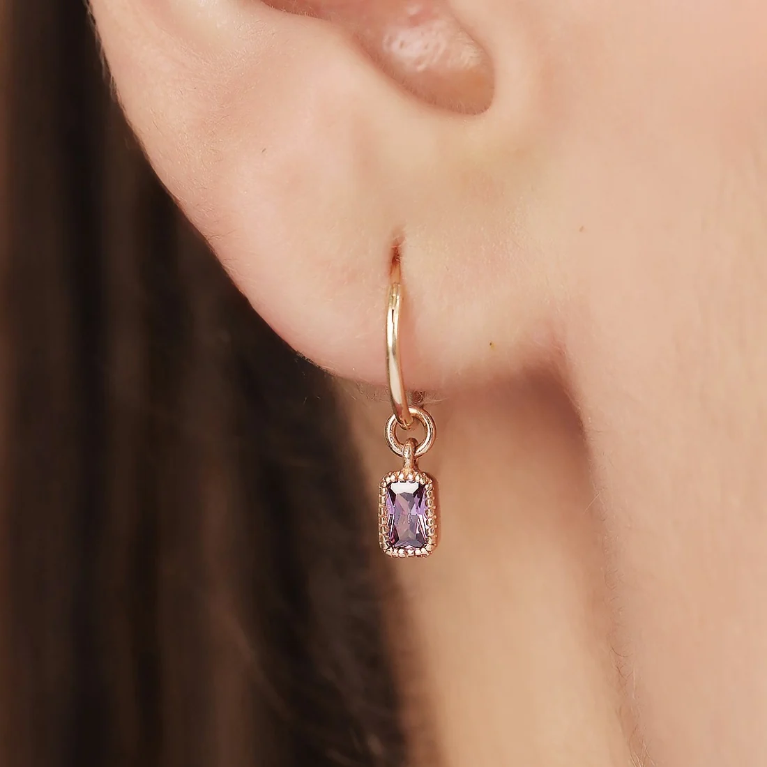 Amethyst Stone Rose Gold Plated 925 Sterling Silver Loop Earring - Image 2