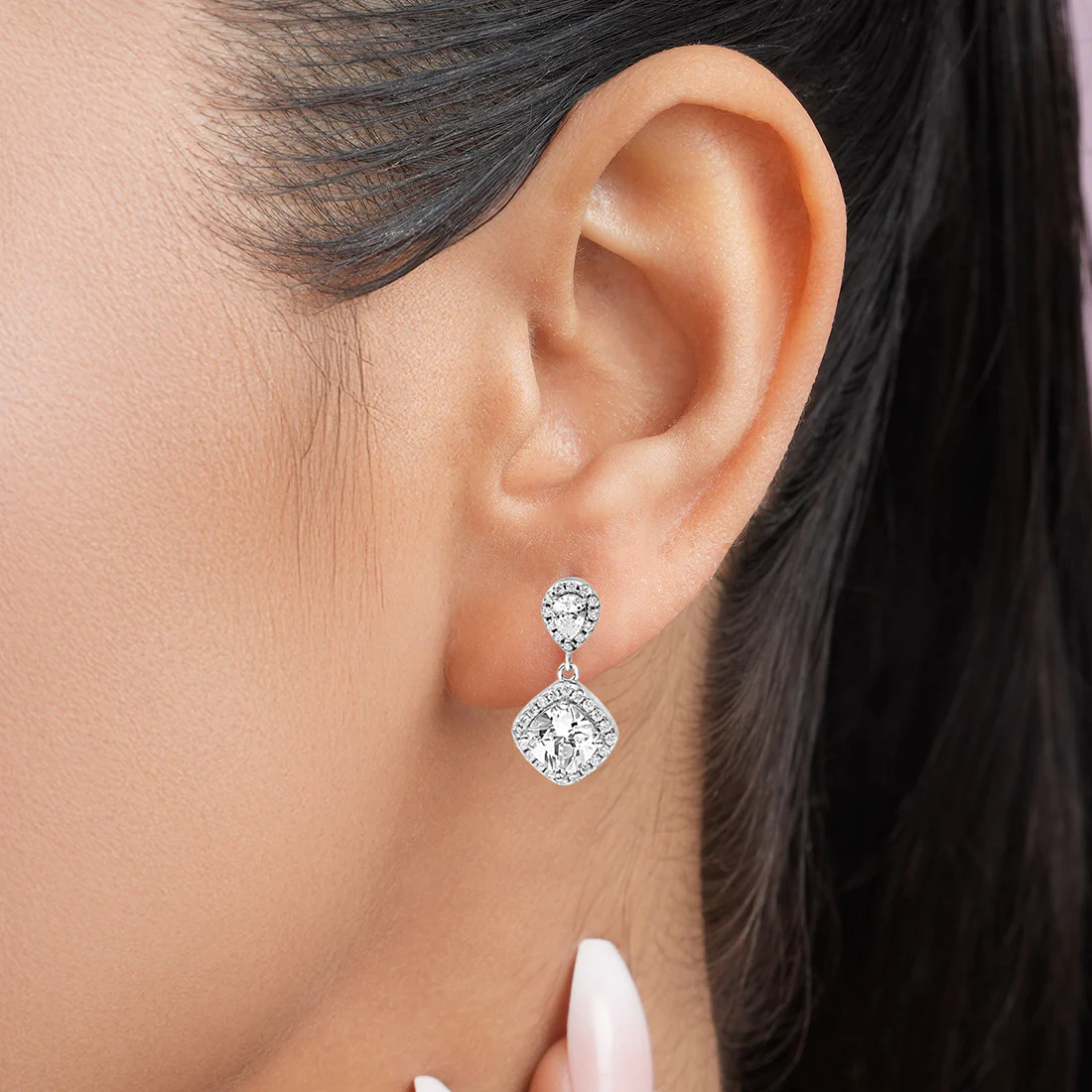 Solitaire Halo Rhodium Plated 925 Sterling Silver Earrings - Image 3