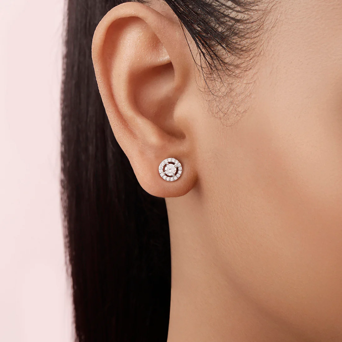 Solitaire Halo Rhodium Plated 925 Sterling Silver Stud Earrings - Image 3