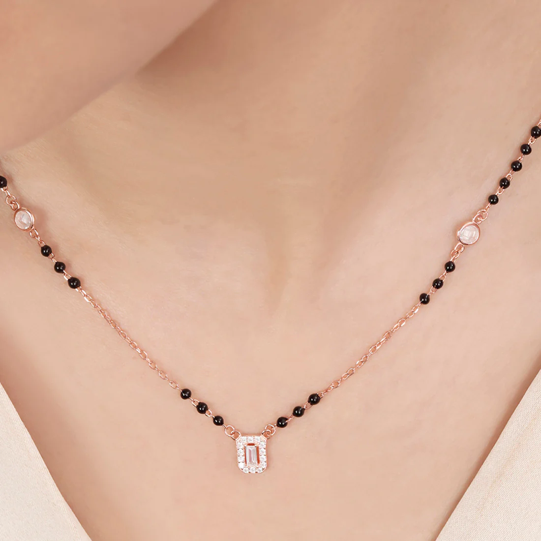 Solitaire Halo Rose Gold Plated 925 Sterling Silver Mangalsutra - Image 2