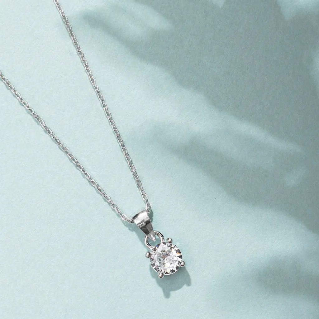 Solitaire Rhodium Plated 925 Sterling Silver Pendant with link Chain