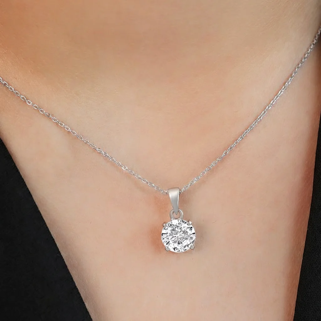 Solitaire Rhodium Plated 925 Sterling Silver Pendant with link Chain - Image 2