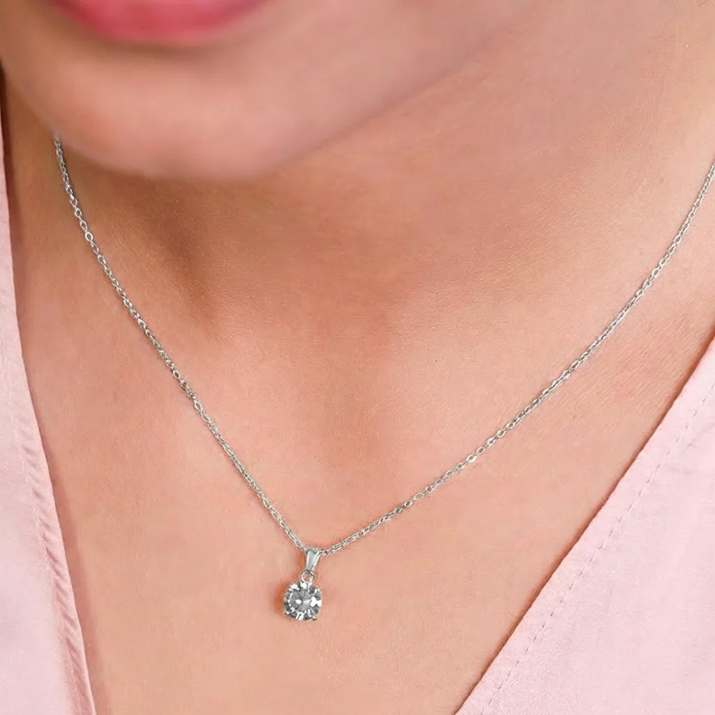 Solitaire Rhodium Plated 925 Sterling Silver Pendant with link Chain - Image 3
