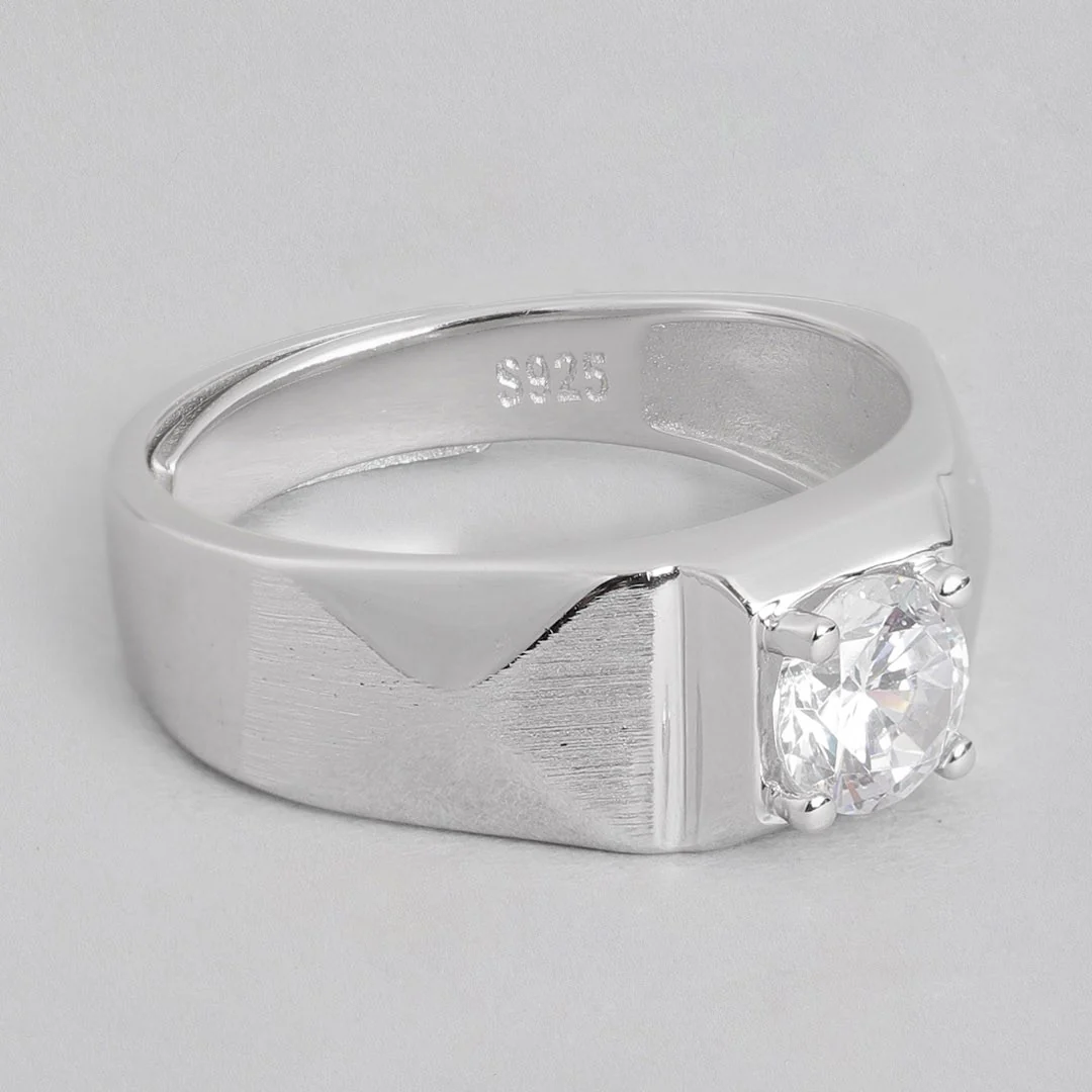 Solitaire Rhodium Plated 925 Sterling Silver Ring for Him (Adjustable) - Image 6