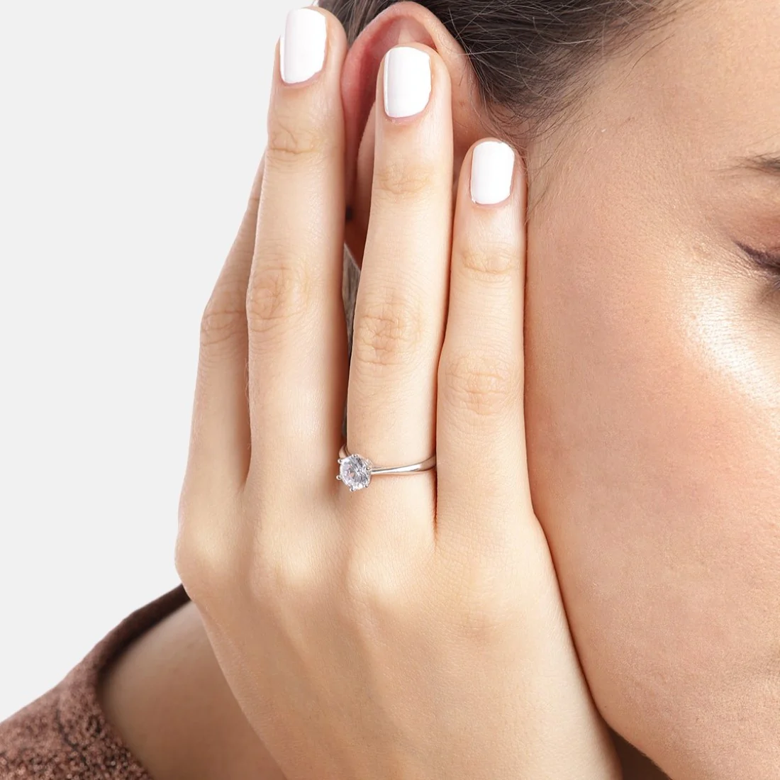 CZ Solitaire Rhodium 925 Sterling Silver Plated Ring (Adjustable) - Image 2