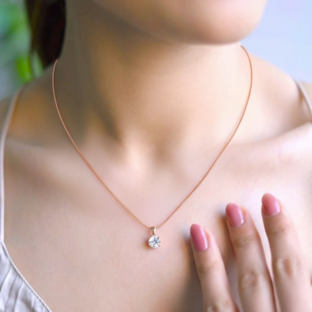 Solitaire Rose Gold Plated 925 Silver Pendant With Snake Chain - Image 4
