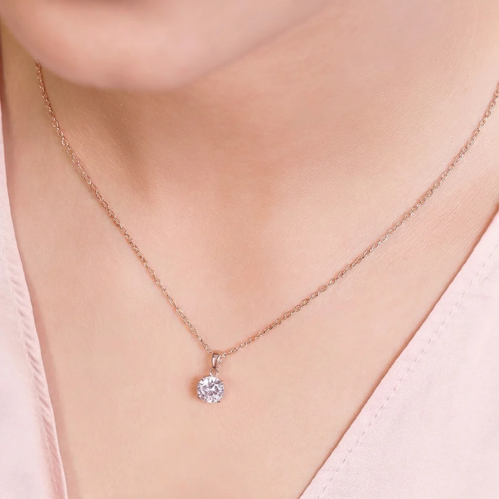 Solitaire Rose Gold Plated 925 Silver Pendant With Link Chain - Image 2