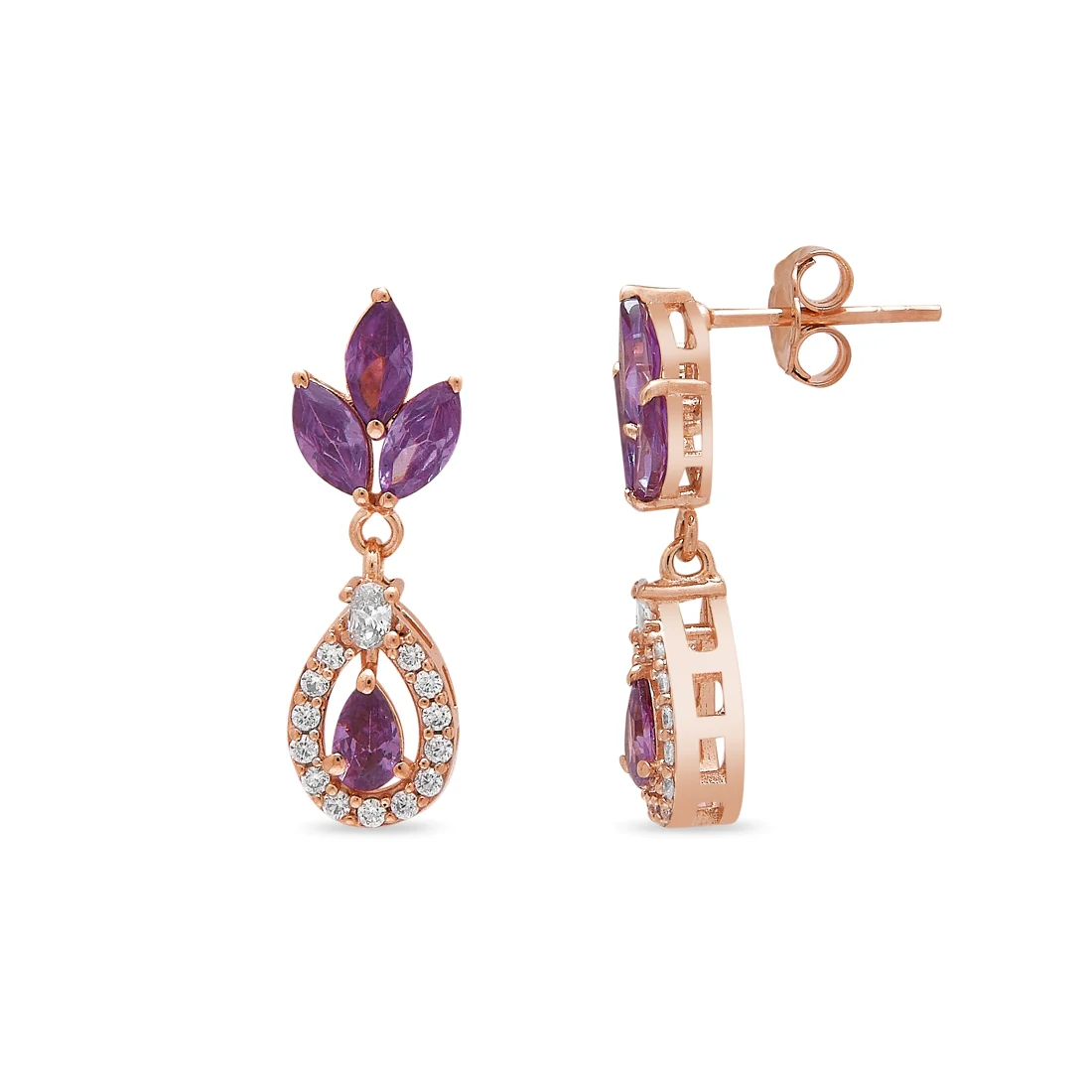 Sparkling Amethyst Rose Gold-Plated 925 Sterling Silver Dangle Earrings - Image 3