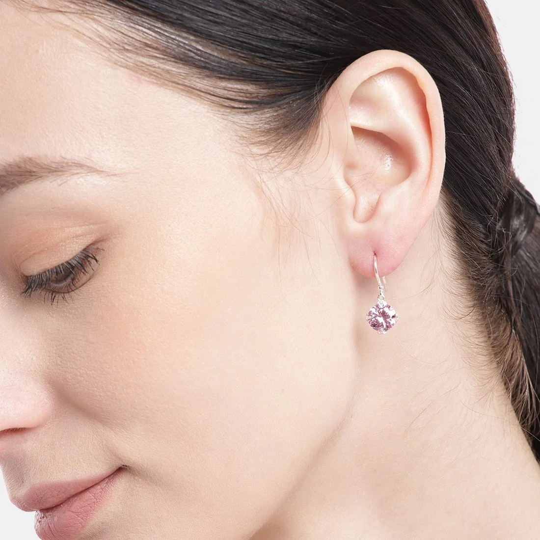 Blushing Petals: Rhodium-Plated Silver Dangle Earrings with Pink Cubic Zirconia - Image 2