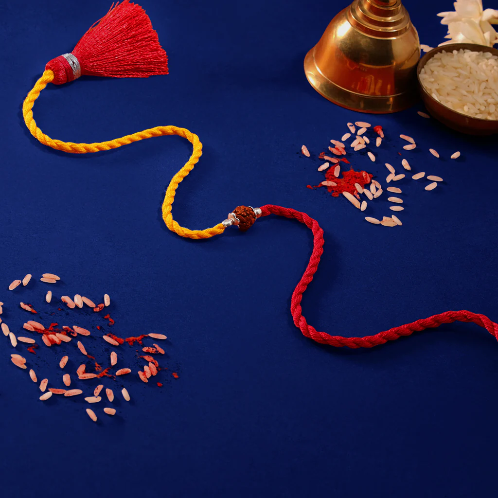 Spiritual Protection: Rudraksh Rhodium-Plated Silver Thread Rakhi For Him - Image 8