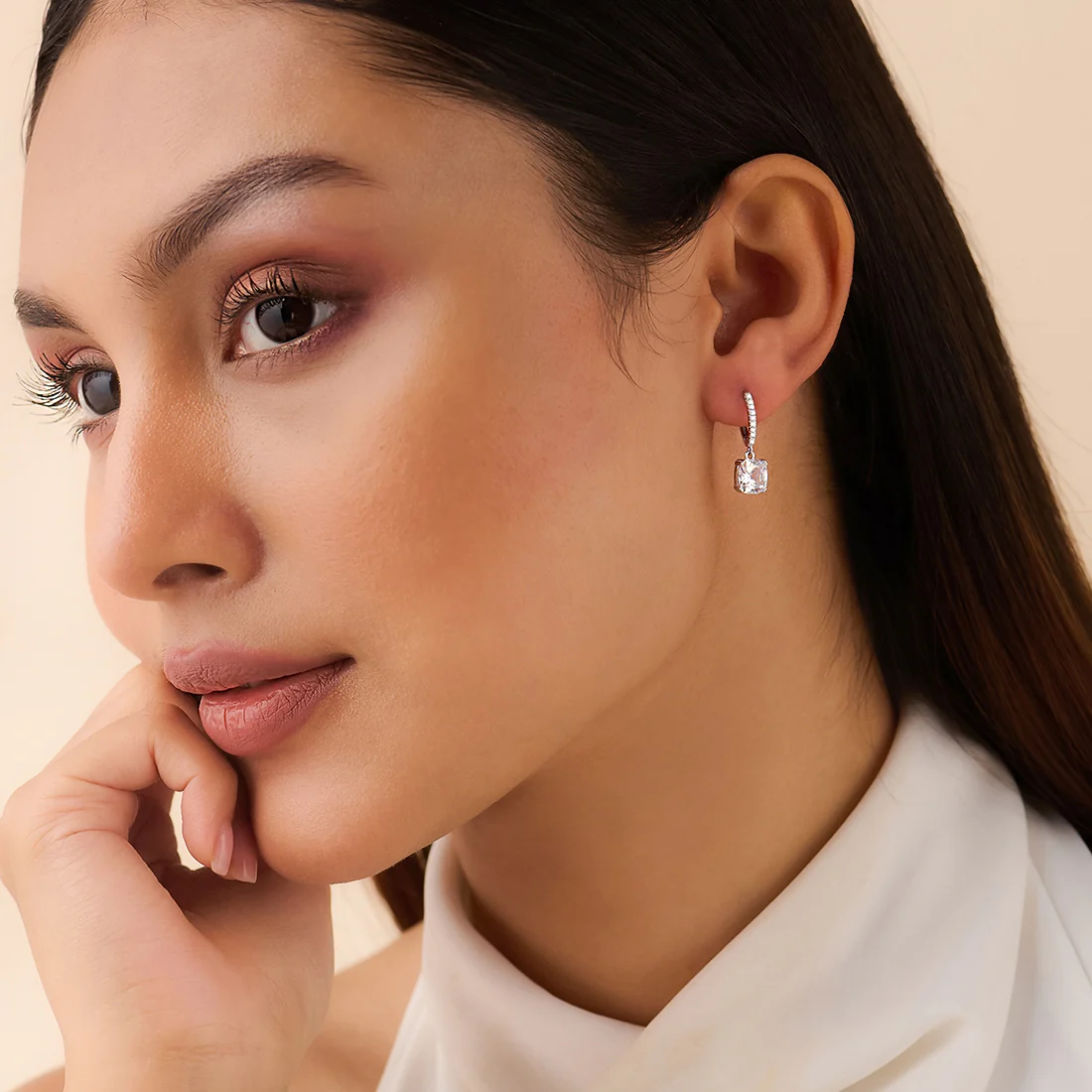 Echo of Light Silver Dangle Hoop Rhodium Plated Earrings - Image 3