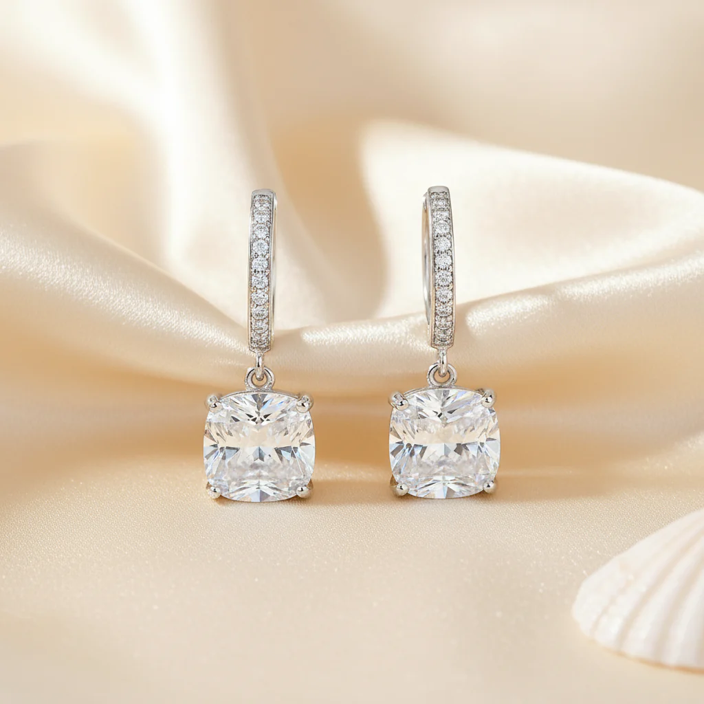 Echo of Light Silver Dangle Hoop Rhodium Plated Earrings - Image 8