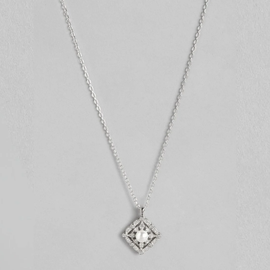Square Elegance CZ Harmony Rhodium-Plated 925 Sterling Silver Necklace - Image 4