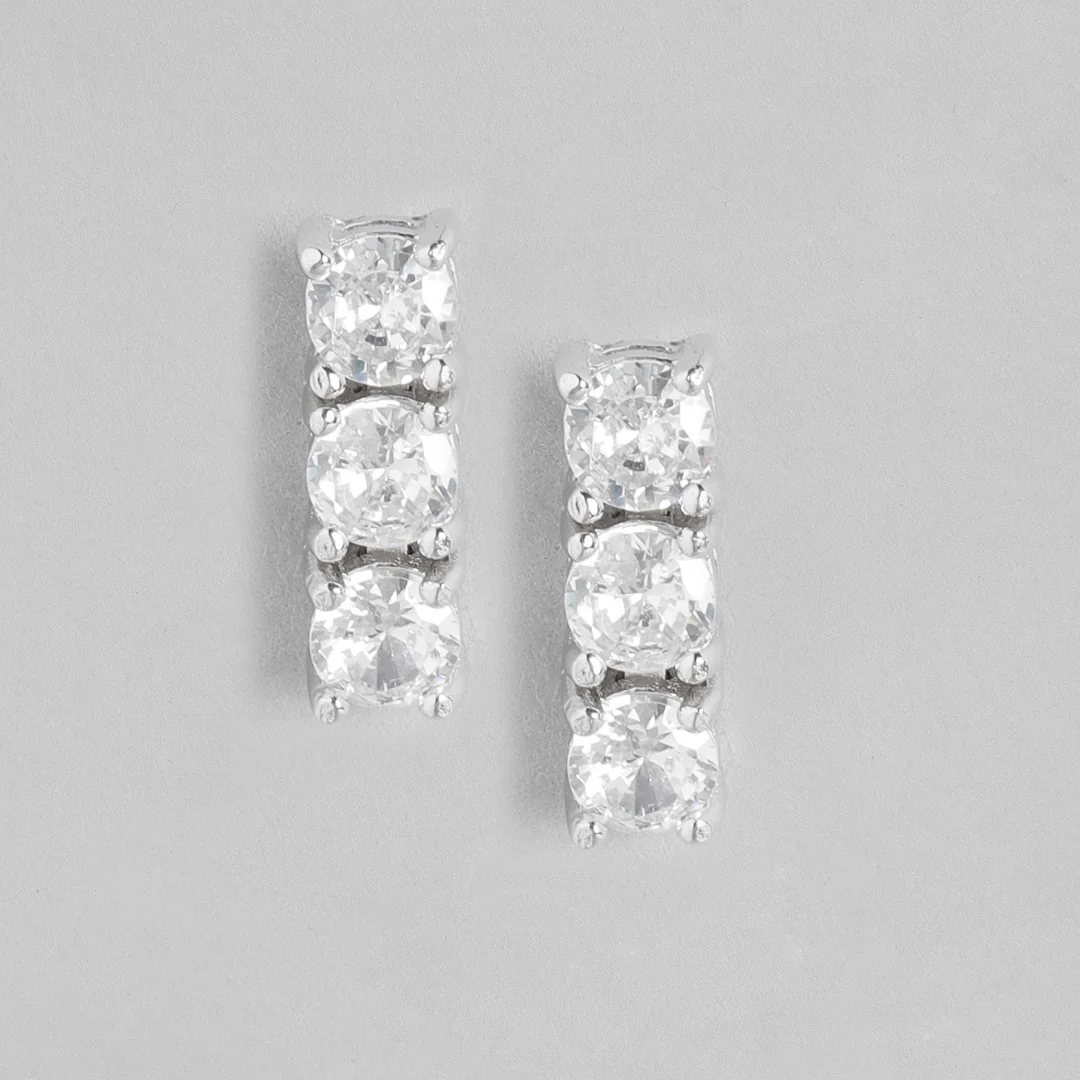 Square Elegance Rhodium-Plated Cubic Zirconia 925 Sterling Silver Earrings - Image 3