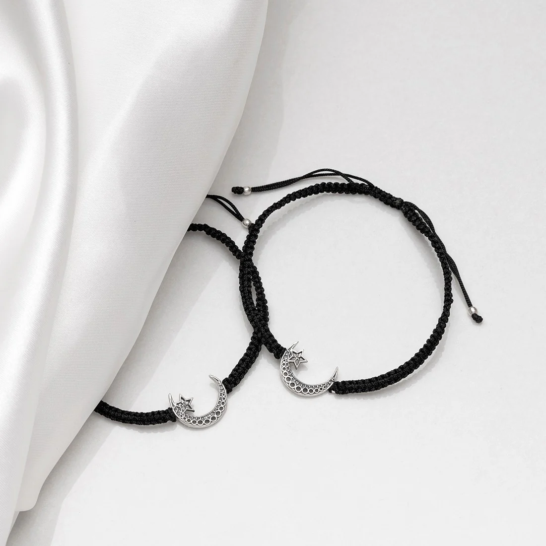 Star and Moon Black thread Silver Anklet - Image 2