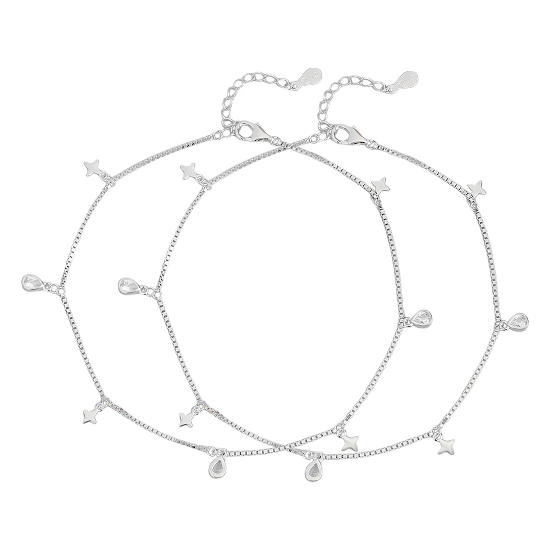 Star CZ Charms Rhodium Plated 925 Sterling Silver Anklet - Image 5