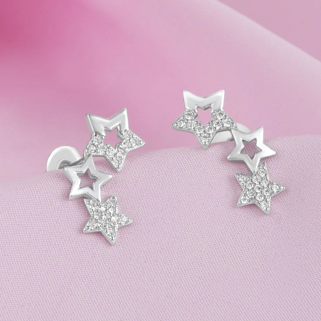 Star Rhodium Plated 925 Sterling Silver Earrings - Image 2