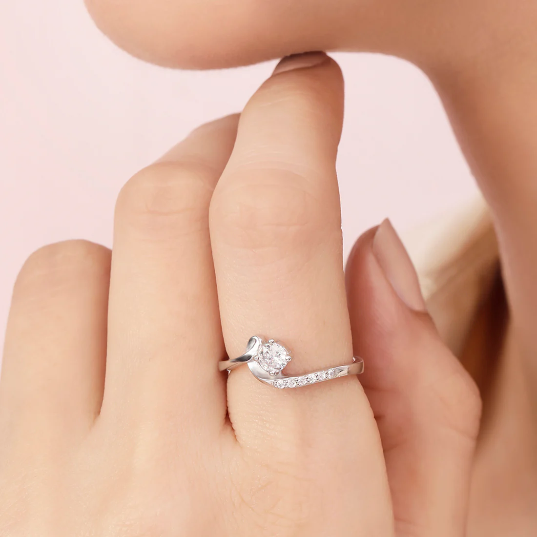 Swirling Solitaire Rhodium Plated 925 Sterling Silver Ring - Image 2