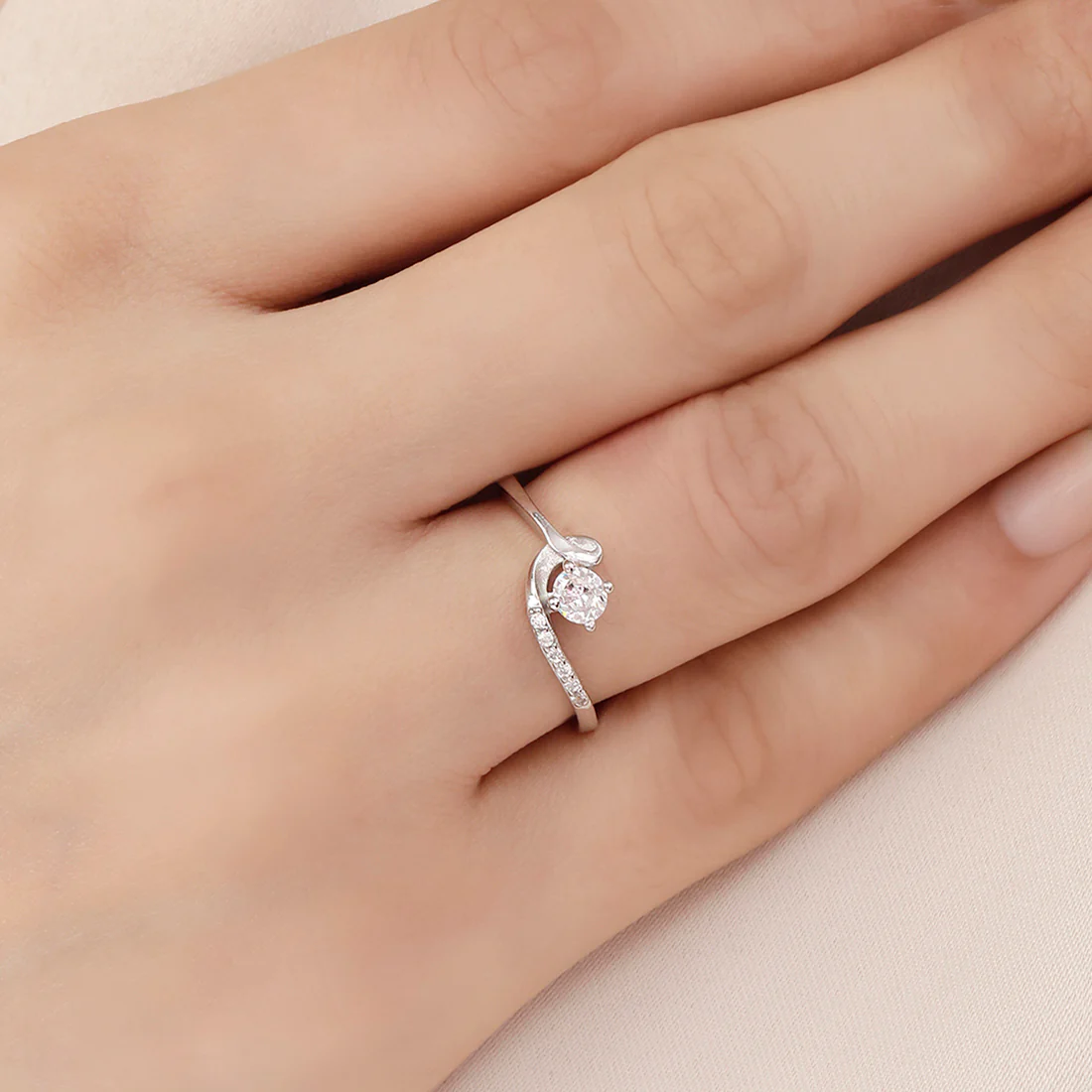 Swirling Solitaire Rhodium Plated 925 Sterling Silver Ring - Image 3