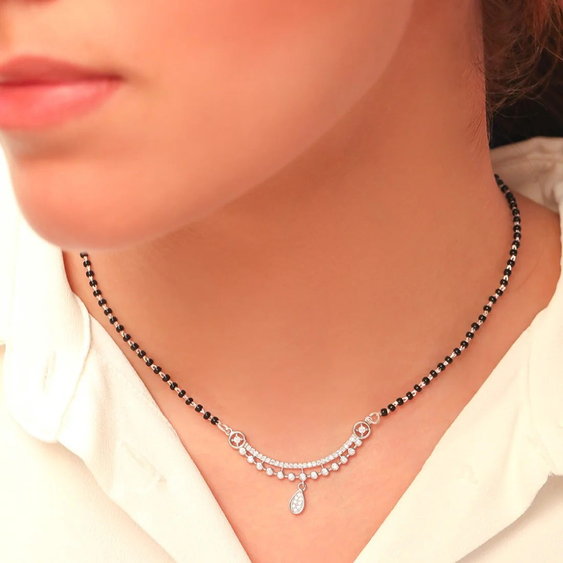 Teardrop CZ Stuuded 925 Silver Mangalsutra - Image 2
