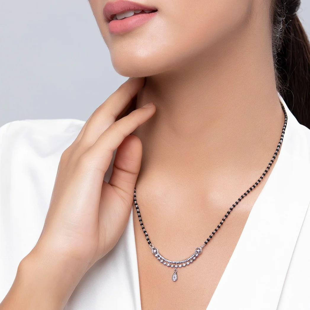 Teardrop CZ Stuuded 925 Silver Mangalsutra - Image 4