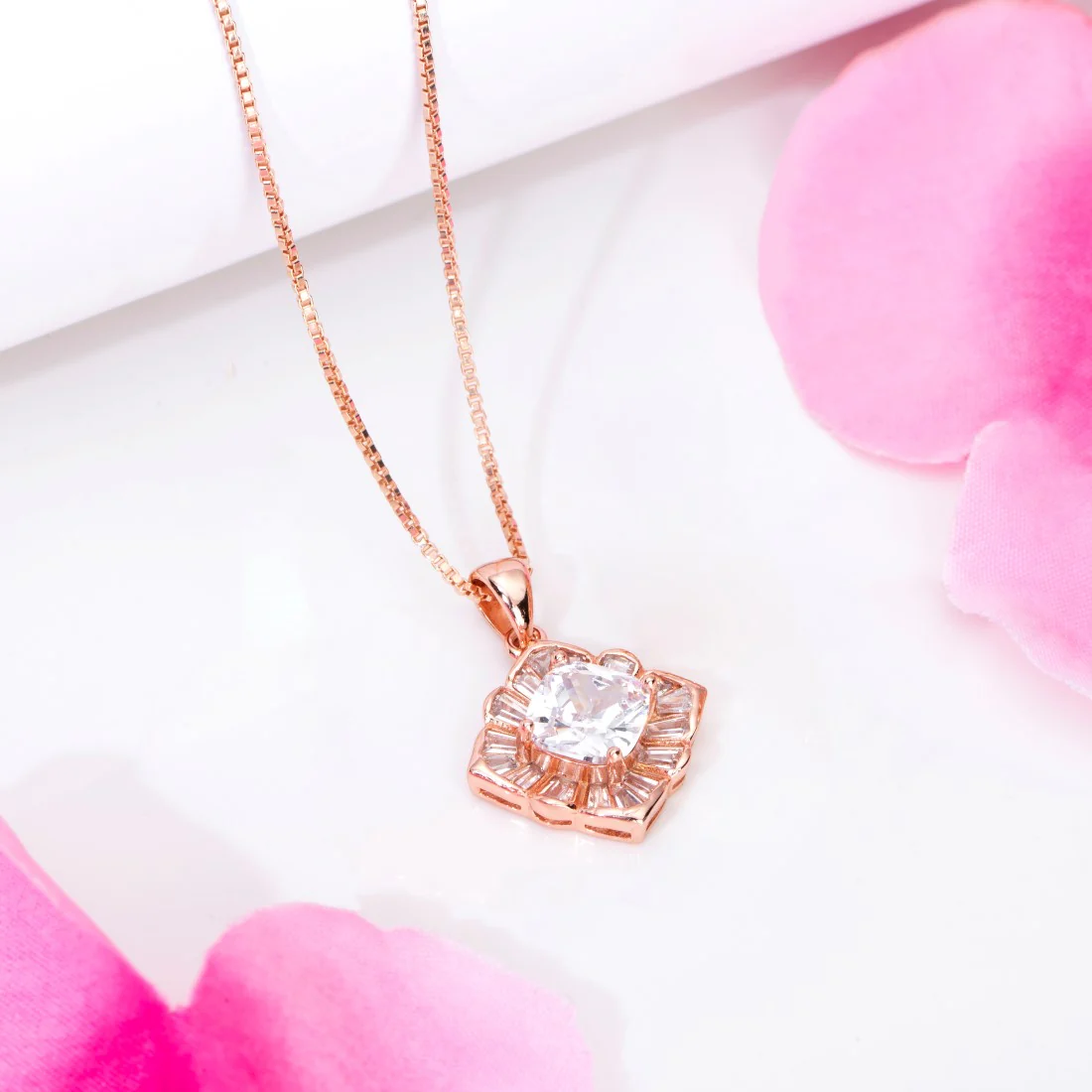Timeless Symmetry CZ Rose Gold-Plated Sterling Silver Square Pendant with Chain - Image 2