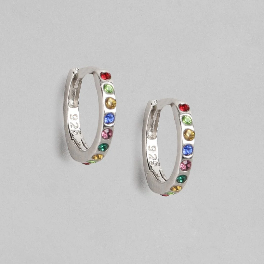 Tiny Rainbow Stone Hoop 925 Silver Earrings - Image 5