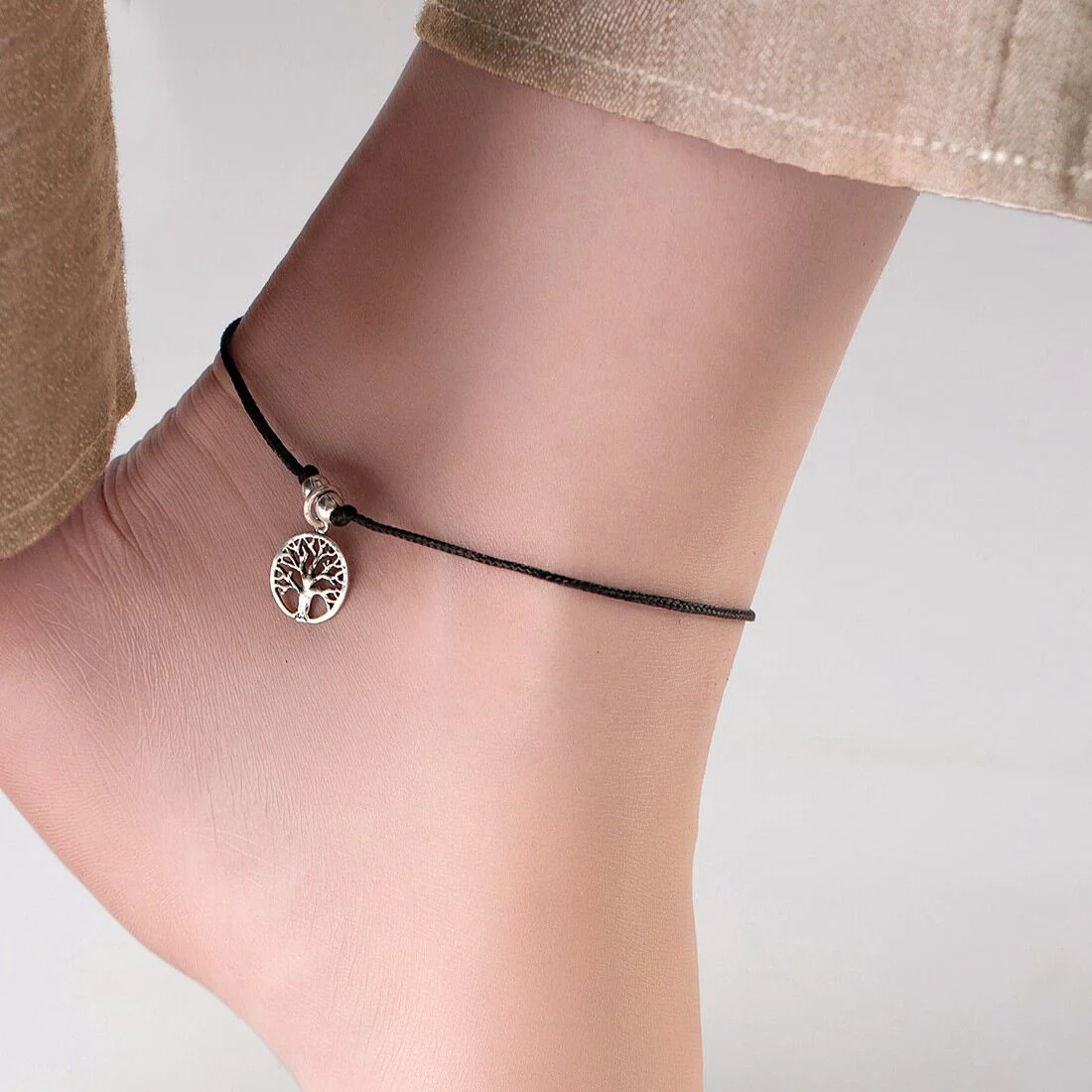 Tree of Life Rhodium Plated 925 Sterling Silver Thread Anklet - Image 3
