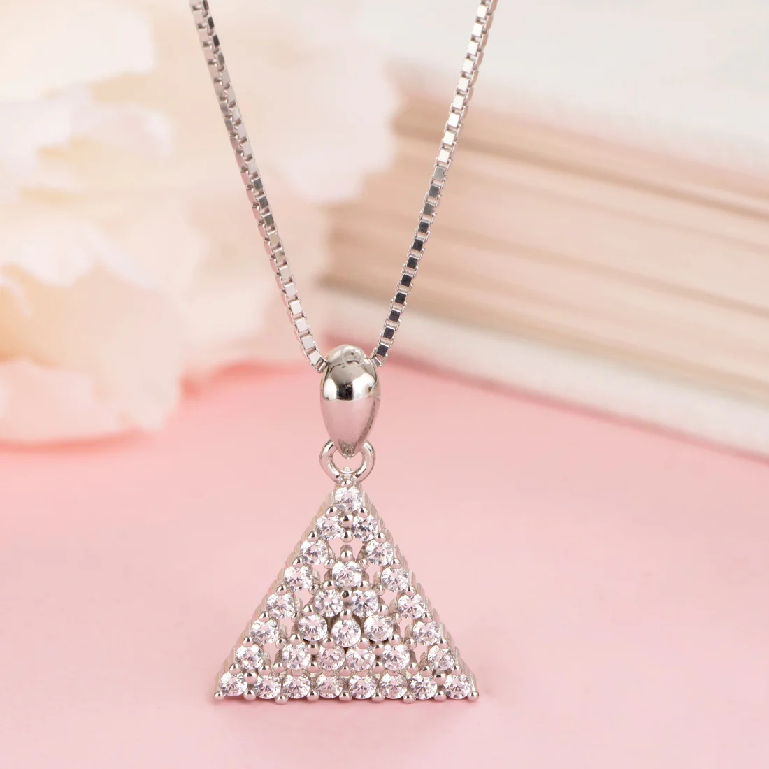 Triangular Elegance Rhodium-Plated Sterling Silver CZ Pendant with Chain