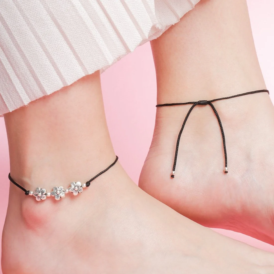 Triple Floral Rhodium Plated 925 Sterling Silver Tread Anklet - Image 4