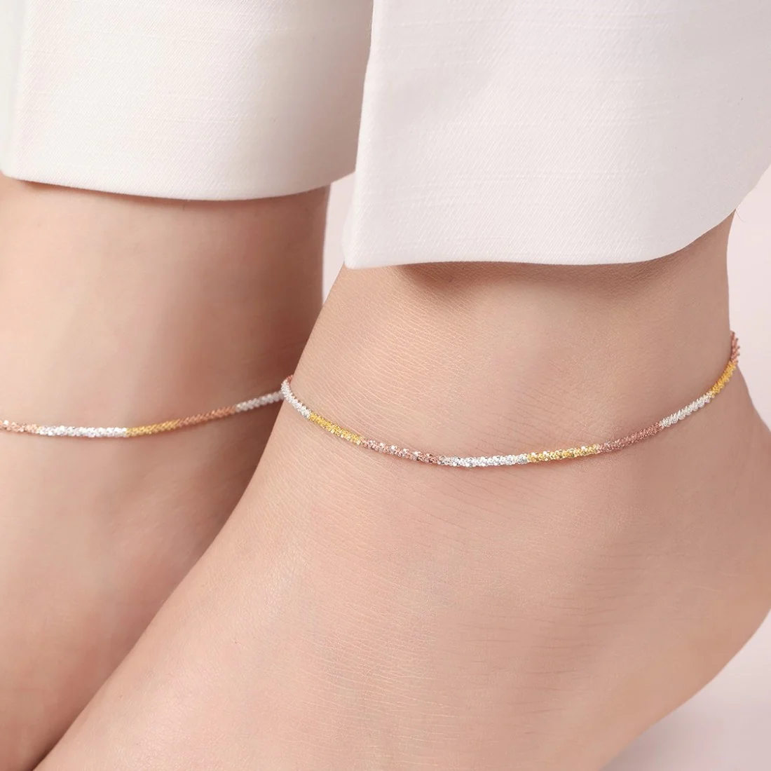 Triple Tone Weave Chain 925 Sterling Silver Anklet - Image 3