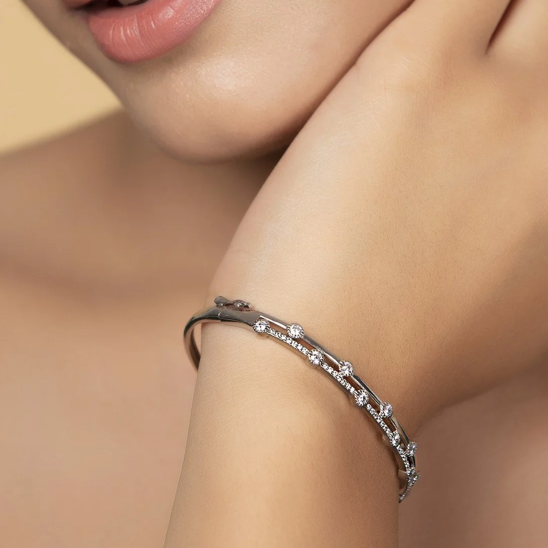 Two Layered CZ Studded 925 Sterling Silver Bracelet - Image 2