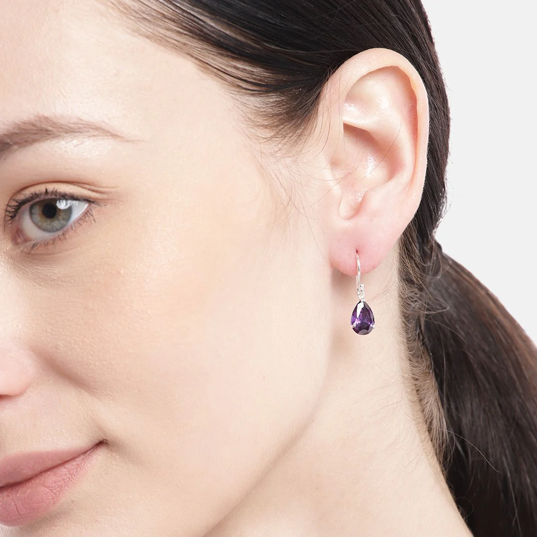 Violet Solitaire Dangling 925 Sterling Silver Earrings - Image 3