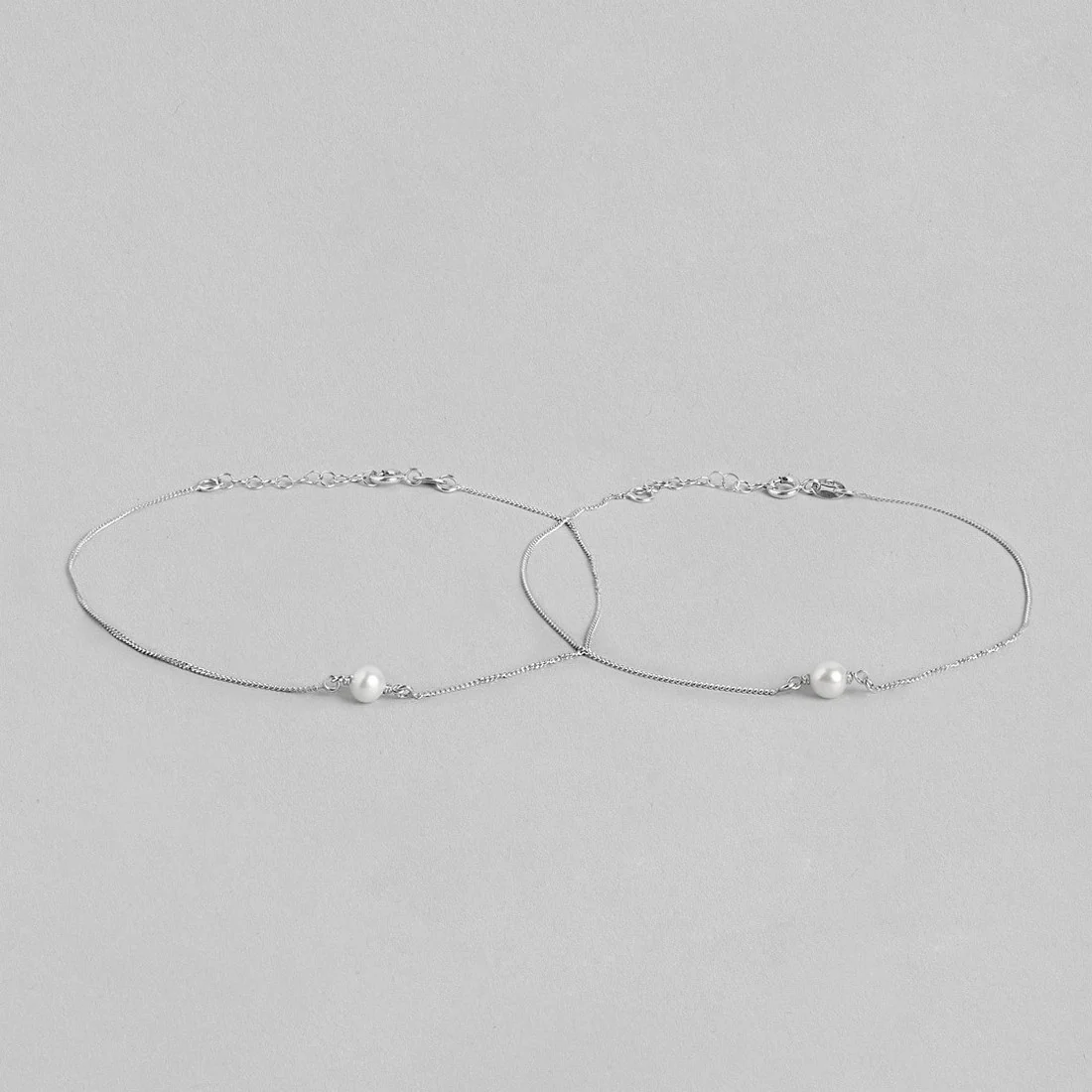 White Pearl Rhodium Plated 925 Sterling Silver Chain Anklet - Image 5