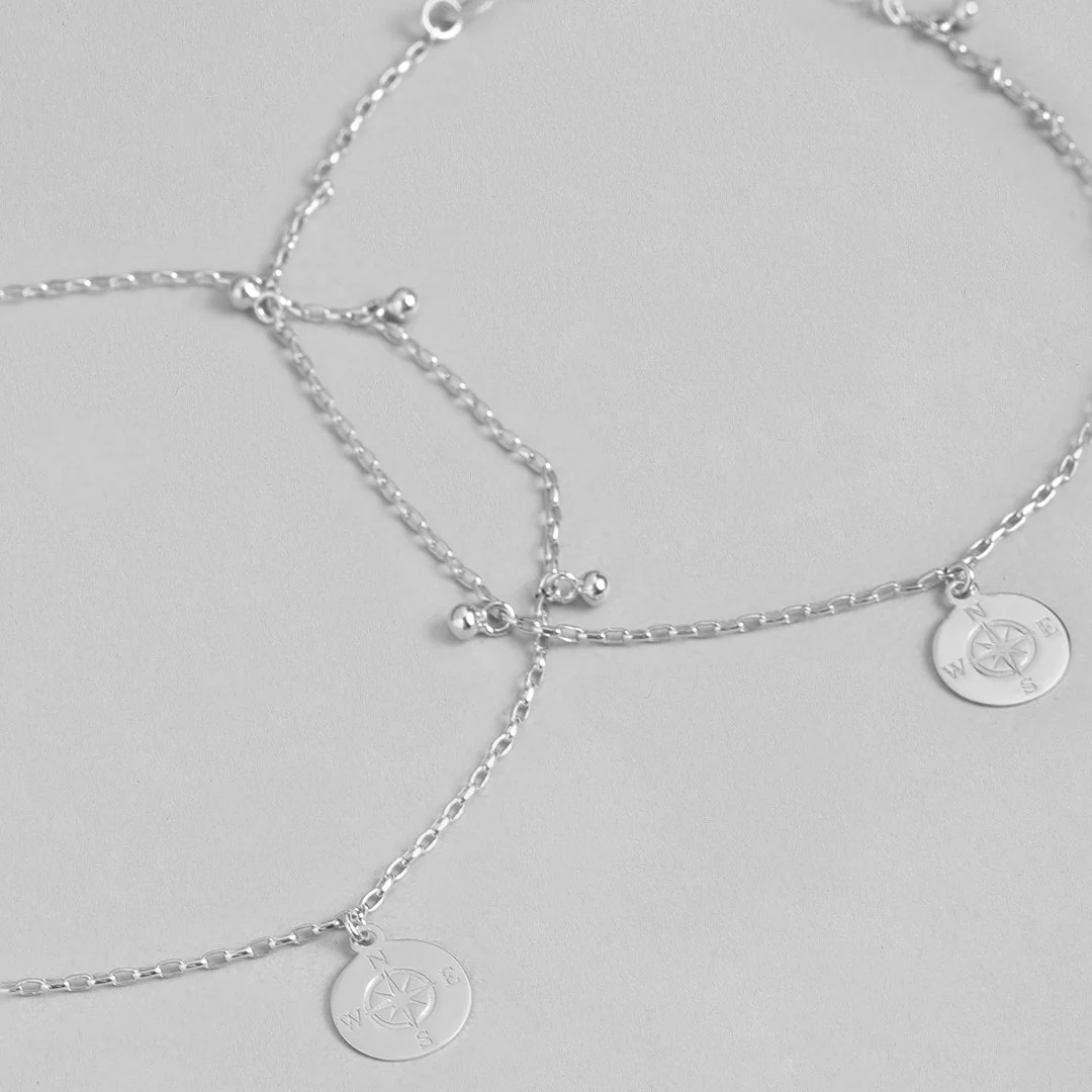 Rhodium Plated Compass 925 Silver Anklet - Image 7