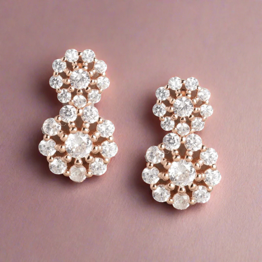 CZ Studded Rose Gold Plated 925 Sterling Silver Cluster Earrings - Image 12