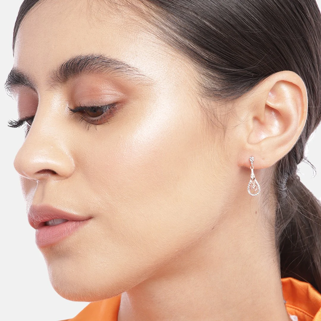 Halo Drop-CZ Rose Gold Plated 925 Sterling Silver Earring - Image 3