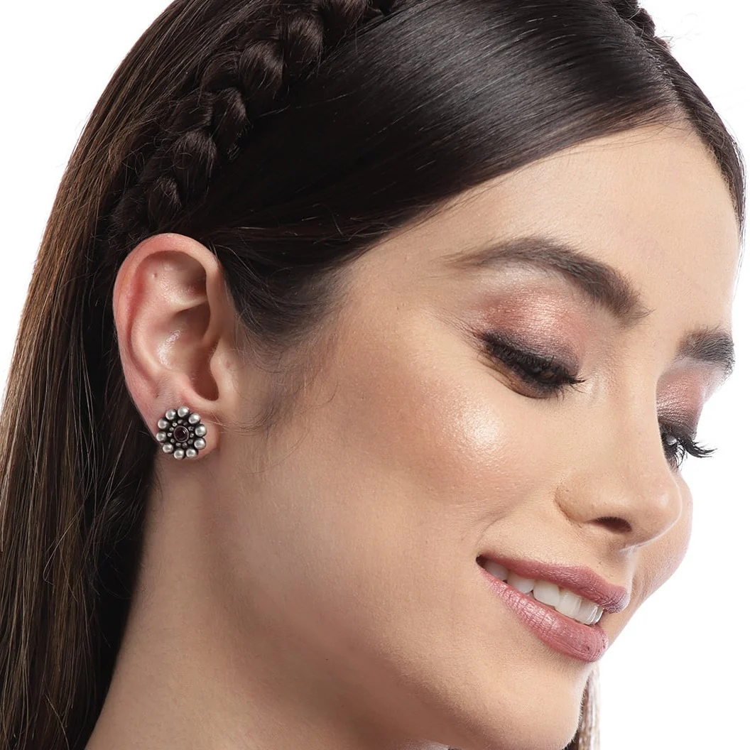 Oxidised Flower 925 Sterling Silver Earrings - Image 2
