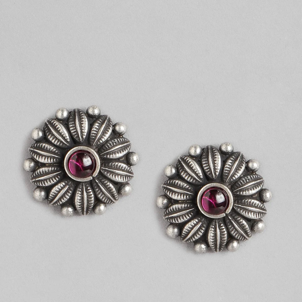 Ruby Flower Oxidised 925 Sterling Silver Earrings - Image 2