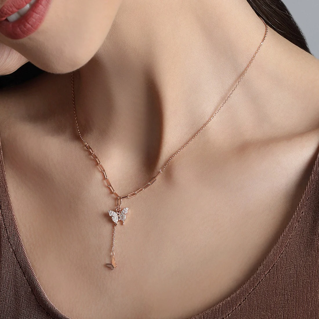Butterfly Rose Gold Plated 925 Sterling Silver Drop Necklace - Image 2