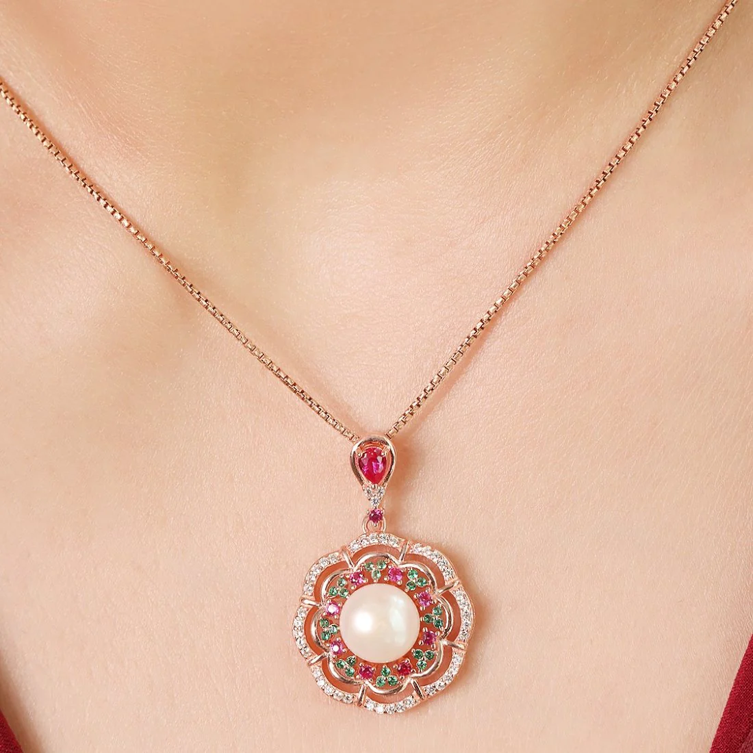 Rose Gold Plated Classic Pearl 925 Sterling Silver Necklace - Image 2