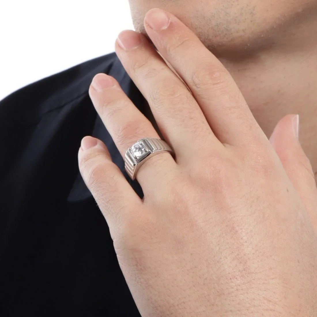 CZ Studded Solitaire 925 Sterling Silver Ring for Him (Adjustable) - Image 3