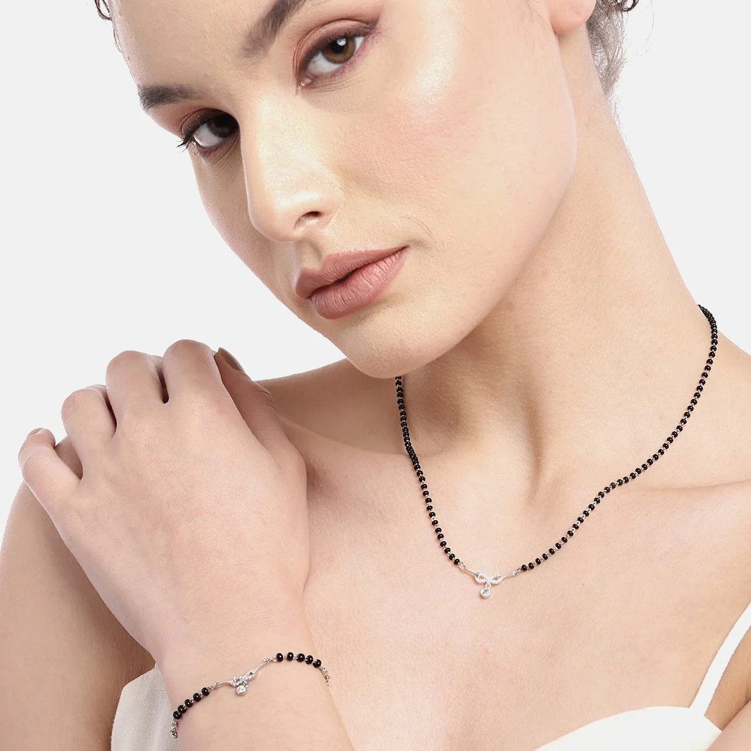 Infinity Rhodium Plated 925 Sterling Silver Necklace & Bracelet Mangalsutra Combo - Image 2